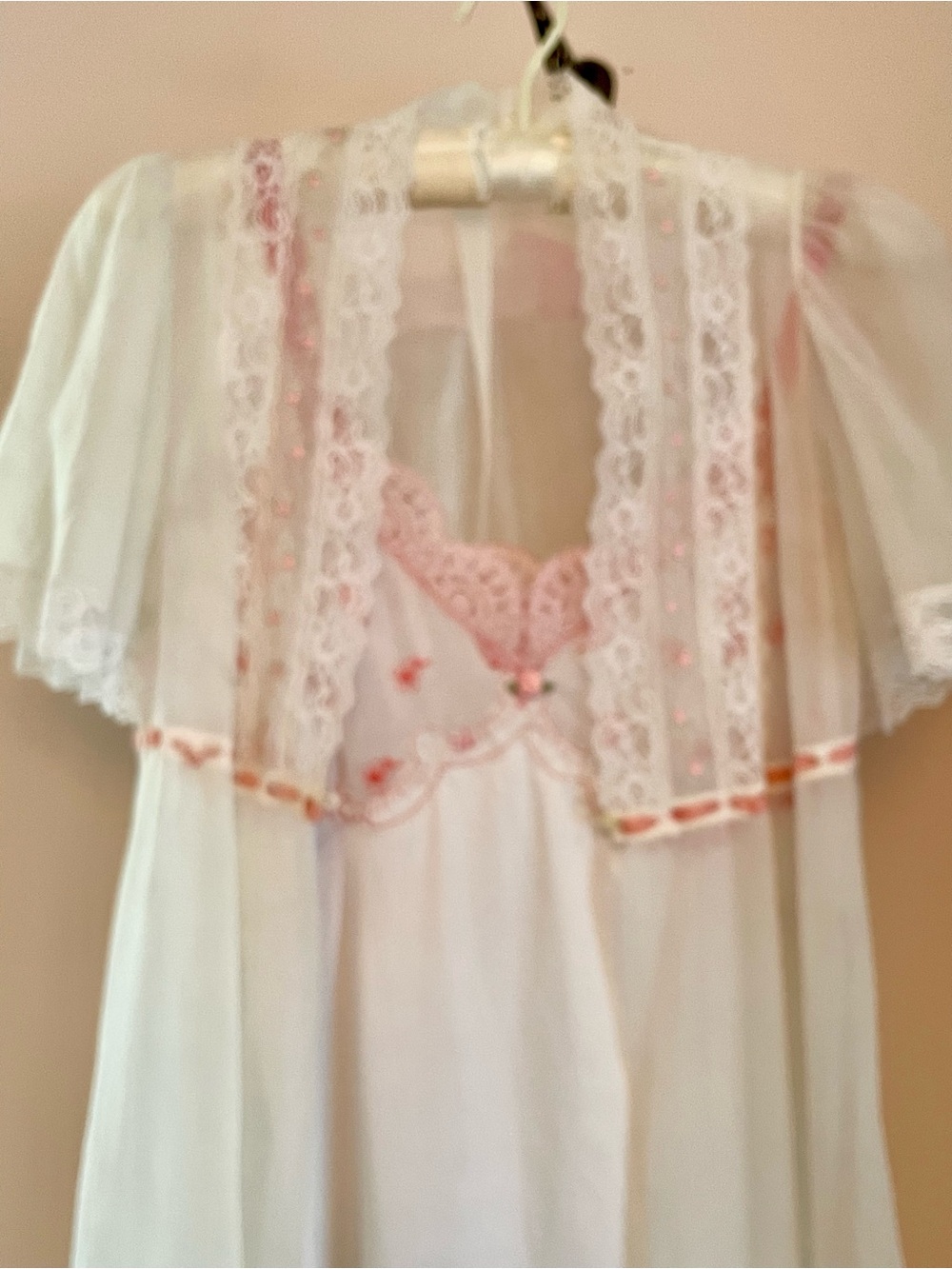 Sheer Lace & Rosebud Trim White and Pink Nightgown & Peignoir Set Vintage 1960s